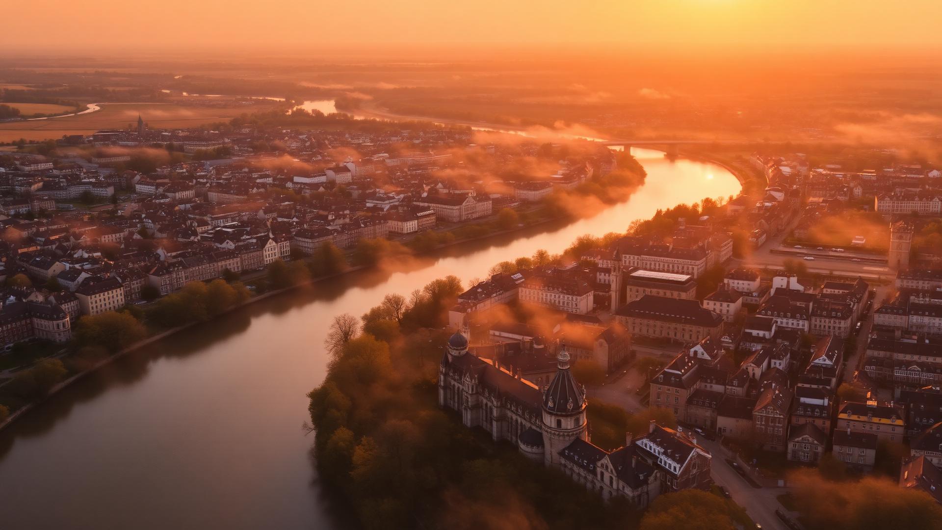 Vue d'Orléans au coucher du soleil avec la Loire